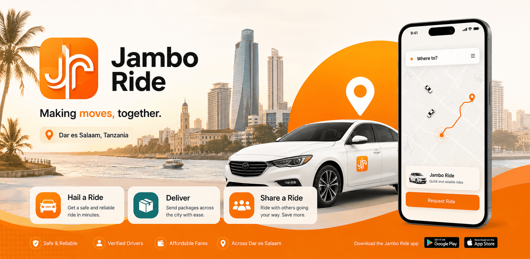 Jambo Ride — Making moves, together. Hail a ride, deliver packages, or share a ride across Dar es Salaam.